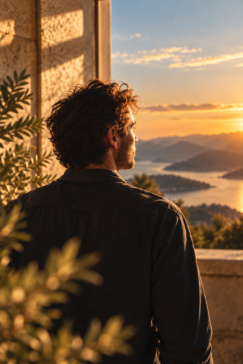 A man looking out over mountains at sunset