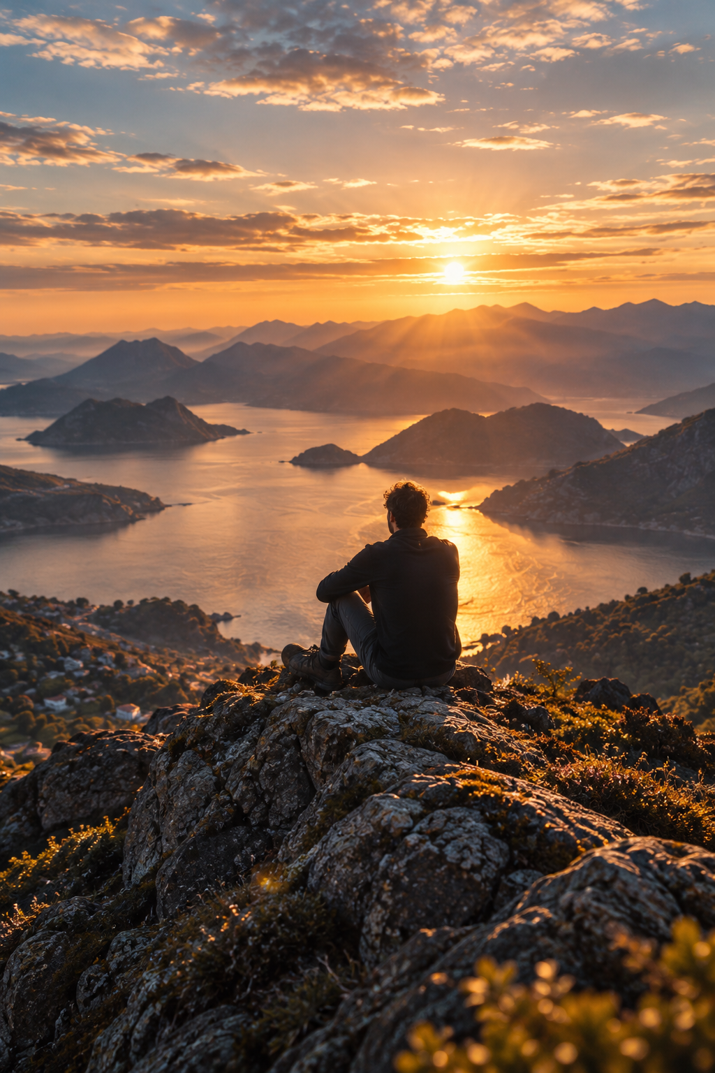 A man sitting above a mountain lake at sunset
