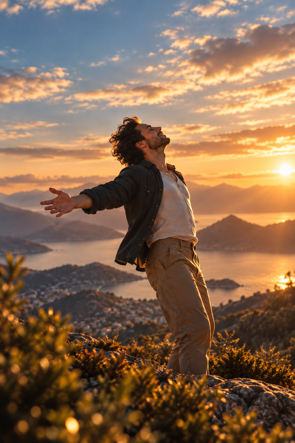 A man opening his arms freely in the mountains at sunset
